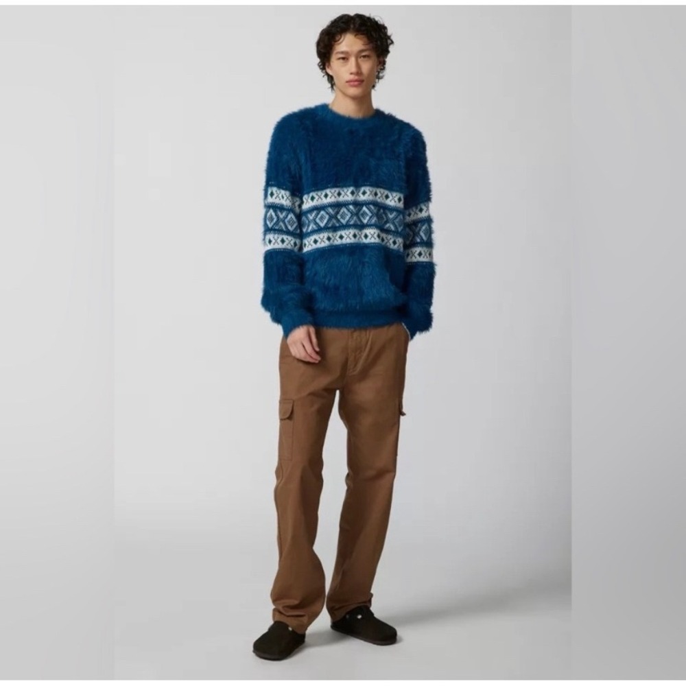 BDG Mens Blue Fuzzy Fair Isle Geometric‎ Pattern Crewneck Sweater Size M